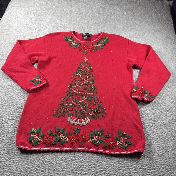Work In Progress Christmas Sweater Womens XL Christmas Tree Beaded Embroidered - Picture 2 of 14